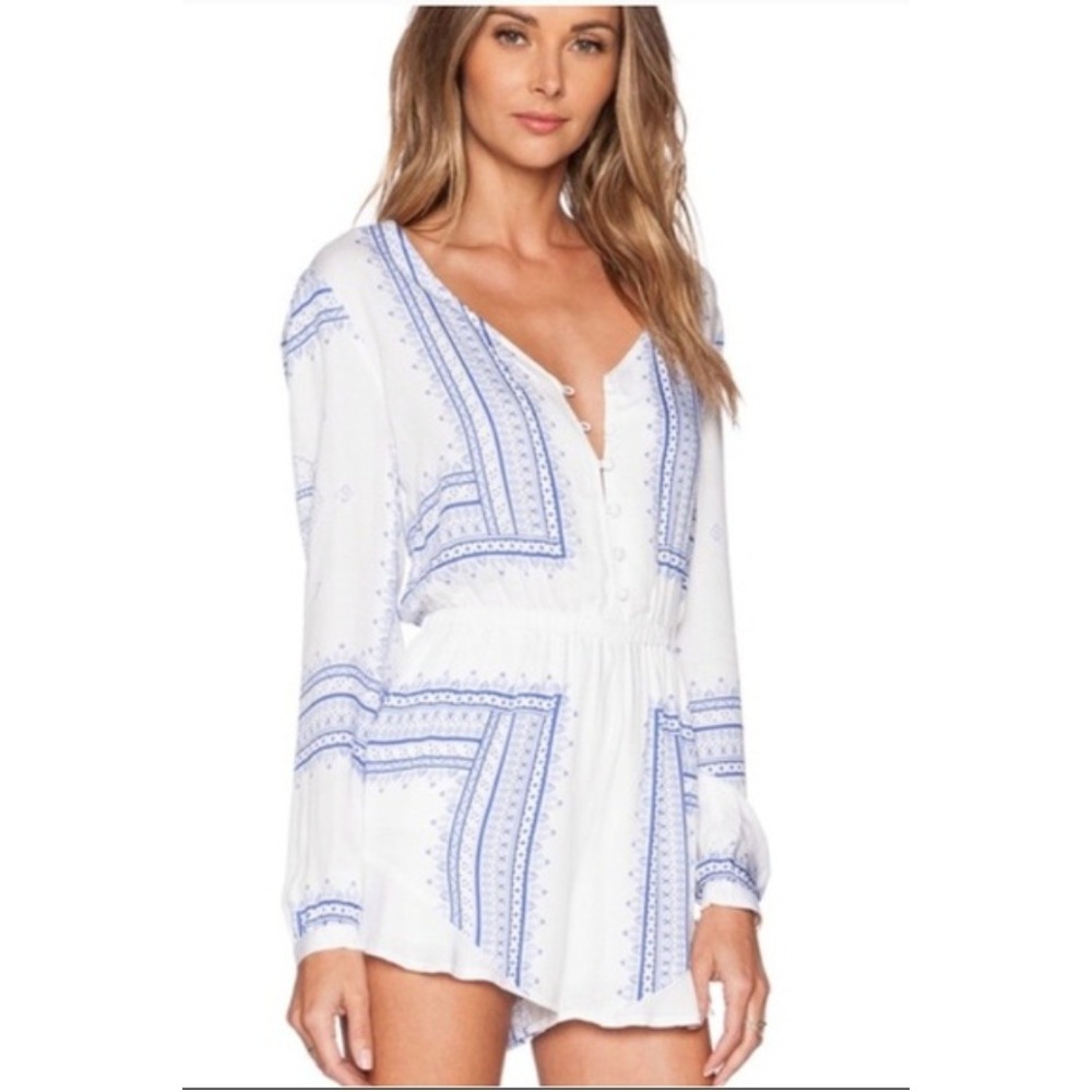 The Jetset Diaries Blue White Tile Print Romper Long Sleeve Boho Small